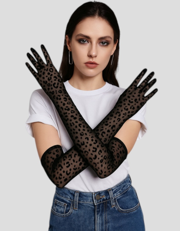 High Heel Jungle - Queen Leopard Print Sheer Mesh 55cm Opera Length Glove
