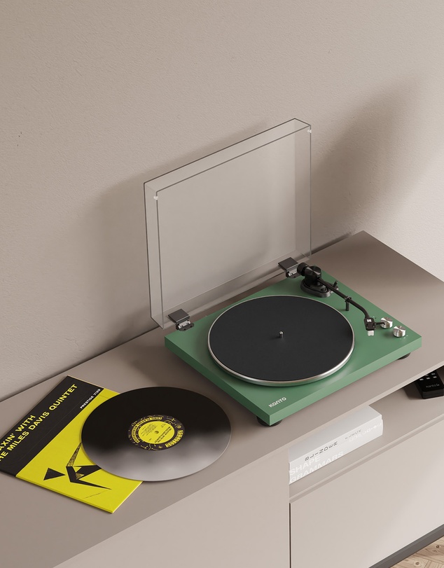 iWorld - Kanto OBI3 Turntable - Matte Green with Kanto ORA 100W Powered Speakers - Black Bundle