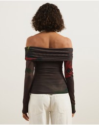 Atmos&Here - Ophelia Cross Off Shoulder Mesh Long Sleeve Top