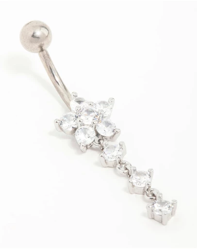 Lovisa - Titanium Flower Cubic Zirconia Drop Belly Bar