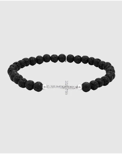 Kuzzoi - ICONIC EXCLUSIVE - Lava Bead Bracelet with Cross Charm in 925 Sterling Silver
