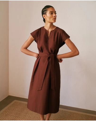 Trenery - Cotton Poplin Cap Sleeve Belted Dress in Espresso