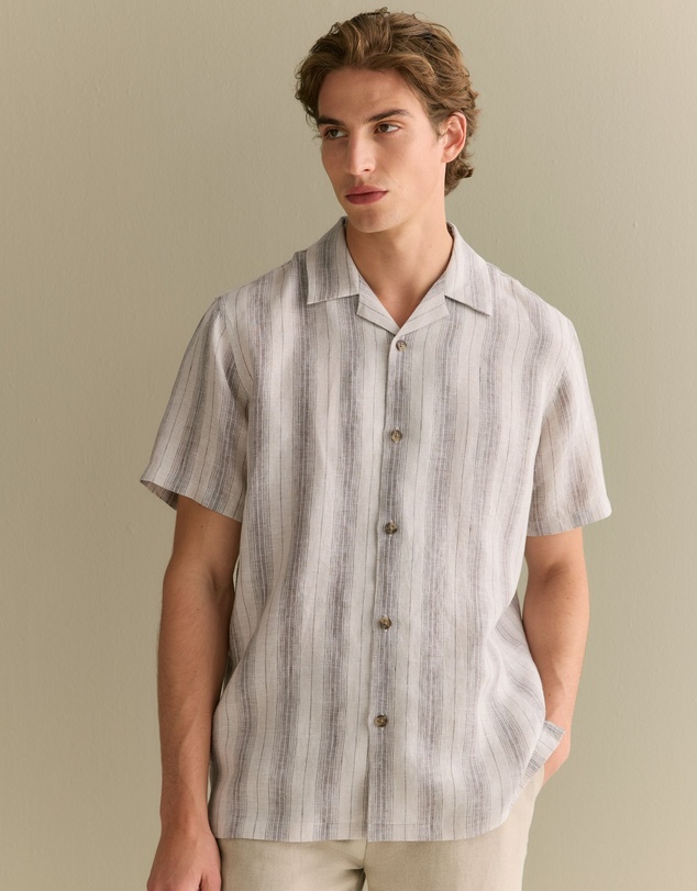 Trenery - Regular Fit Linen Tonal Stripe Short Sleeve Shirt in Flax