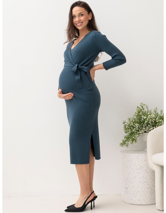 Angel Maternity - Lucille Knit Maternity Midi Dress in Dark Teal