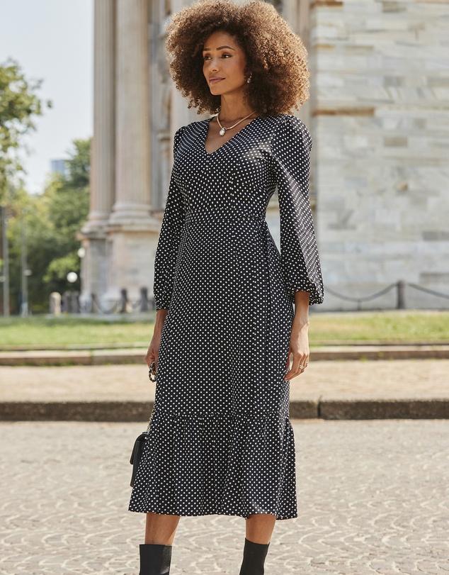 Sosandar - Black Spot Print Belted Midi Dress