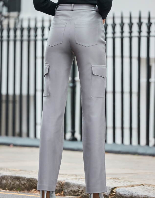 Sosandar - Faux Leather Wide Leg Cargo Trousers With Pocket Detail