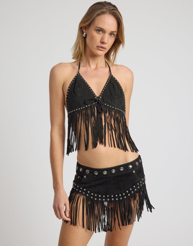ONE TEASPOON - Rebel Rider Fringed Studded Suede Cami Top - Black
