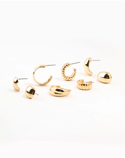 Lovisa - Gold Plated Buggle Ribbed Earrings 4-Pack