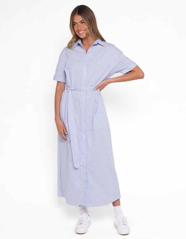 Petal & Pup - Morrison Short Sleeve Shirt Dress - Blue Brown Stripe