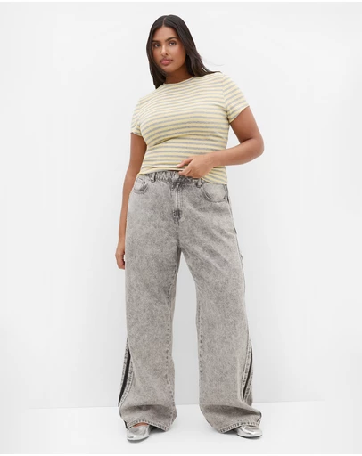 City Chic - Plus size Karla Short Sleeve Stripe Tee - lemon