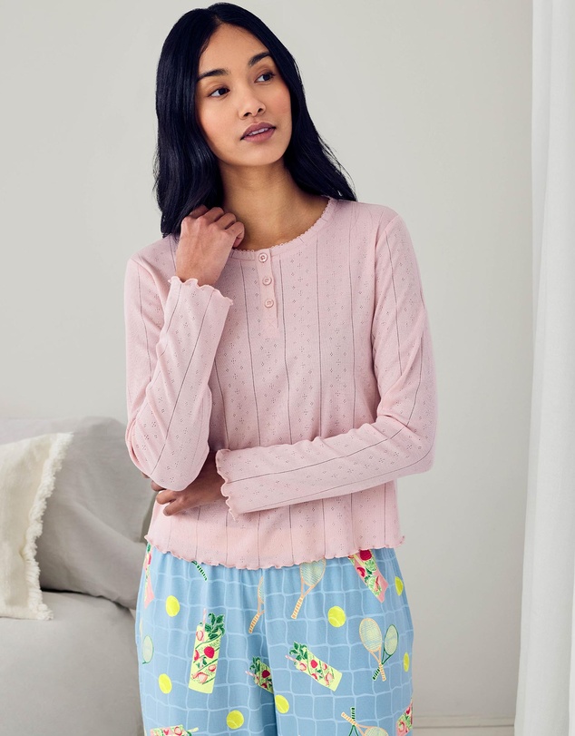 Chelsea Peers - Organic Cotton Tennis Net Cocktail Pointelle Henley Long Pyjama Set