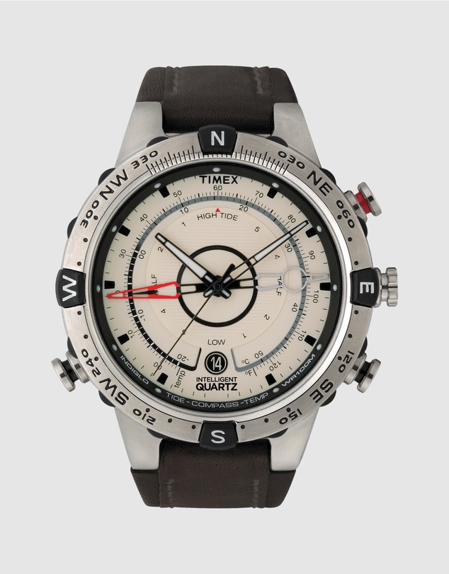 TIMEX - Timex Tide-Temp Compass 45mm Silver-tone case with Brown Leather Strap