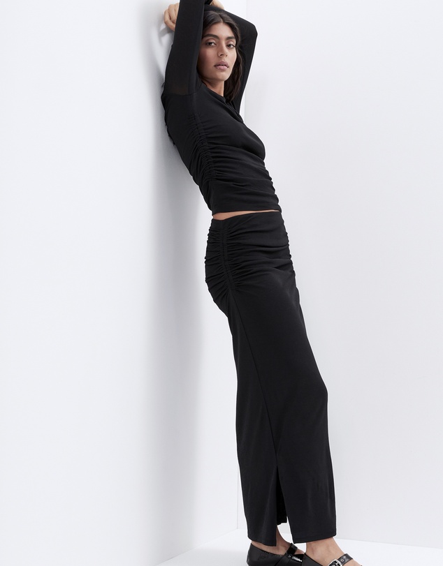 UNISON - Ruched Mesh Maxi Skirt