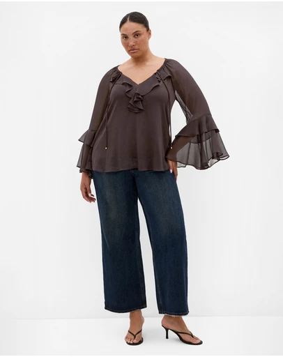 City Chic - Plus size Glam Frill Top - espresso