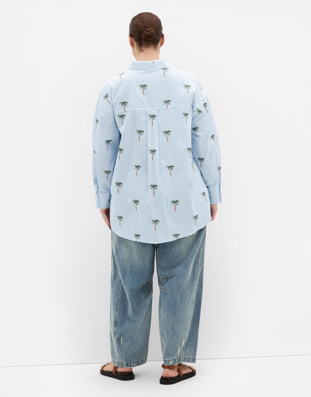 City Chic - Plus size Embroidery Palm Print Cotton Shirt - sky blue