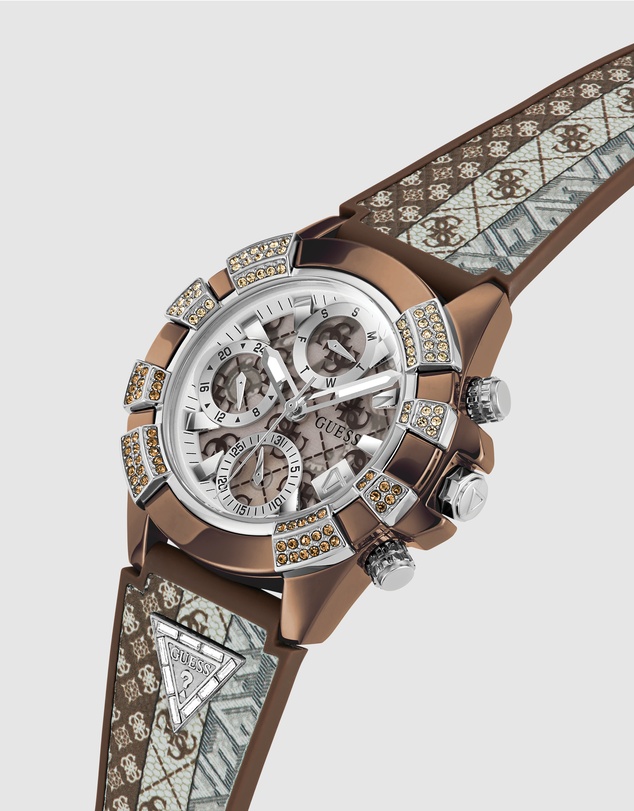 GUESS - ICONIC 40TH Logo 39mm Silver-Tone Case Brown Silicone Strap