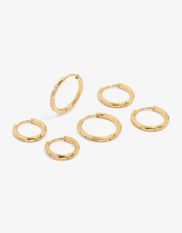 Lovisa - Waterproof Gold Plated Stainless Steel Cubic Zirconia Clicker Hoops 3-Pack