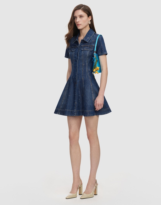 Self Portrait - Rhinestone Stripe Denim Mini Dress