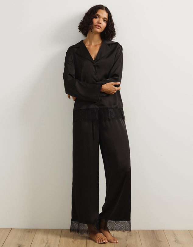 Atmos&Here - Pearl Lace Trim Long Sleeve Satin Pyjama Set