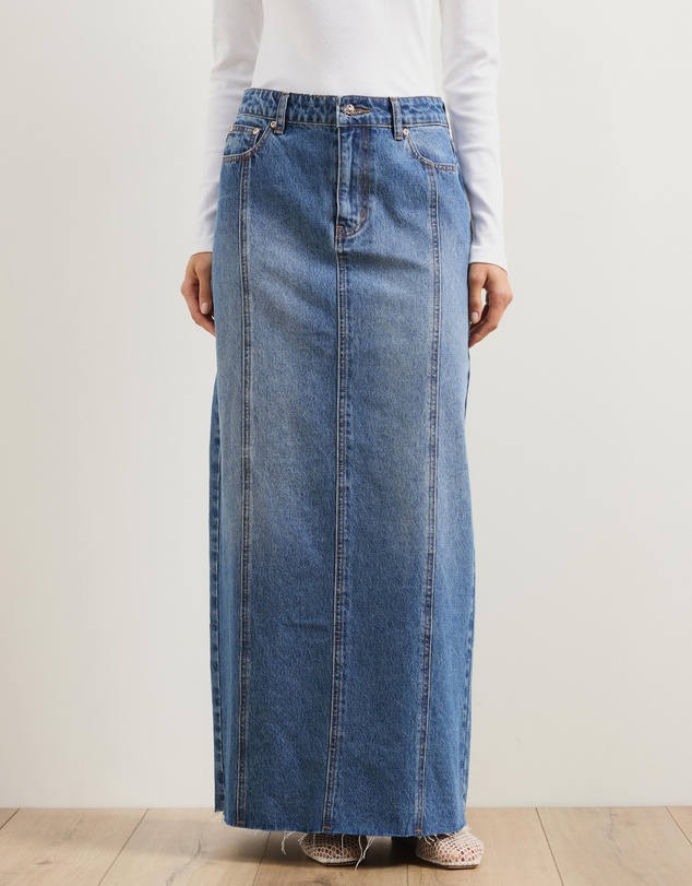 Atmos&Here - Straight Denim Maxi Skirt With Seam Detail