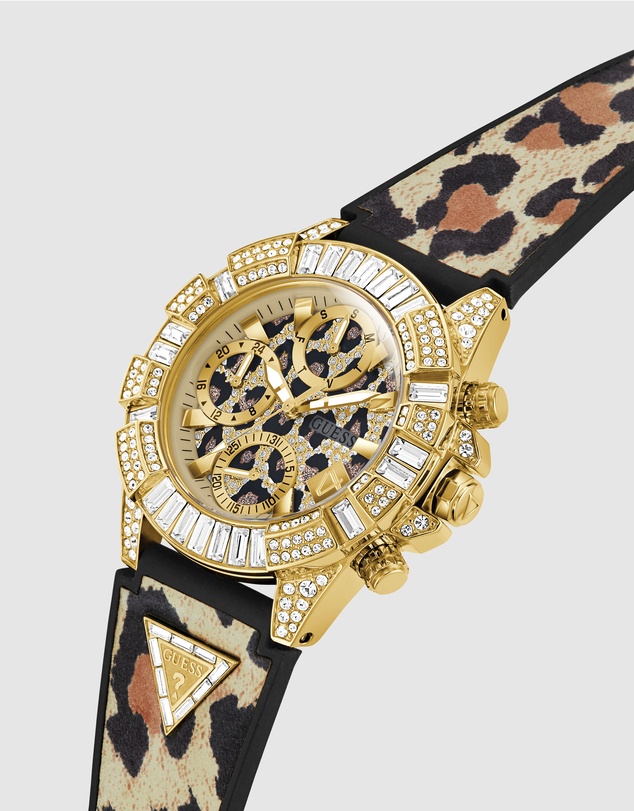 GUESS - ICONIC 40TH Animal 39mm Gold-Tone Case Black Silicone Strap