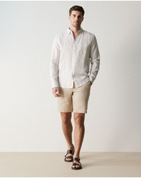 Trenery - Regular Fit Delave Linen Bold Stripe Shirt in Sahara