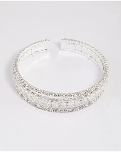 Lovisa - Silver Cubic Zirconia Trio Layer Cuff Bangle