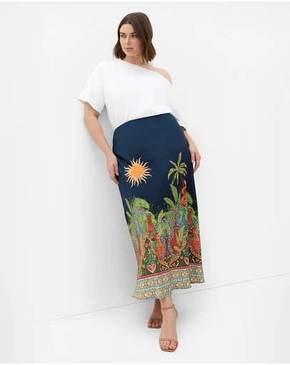 City Chic - Plus size Fools Paradise Print Midi Skirt - alpine navy