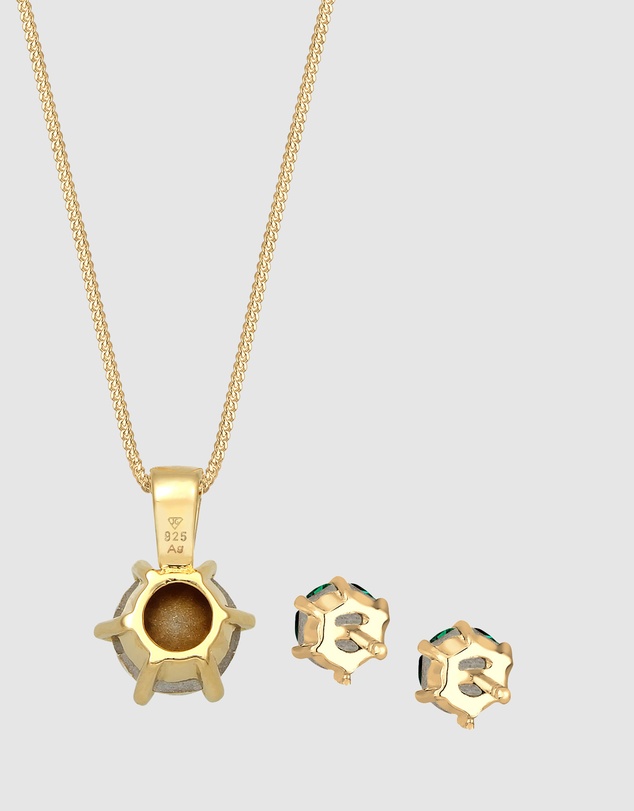 Elli Jewelry - Green Crystal Solitaire Jewellery Set in Gold-Plated 925 Silver