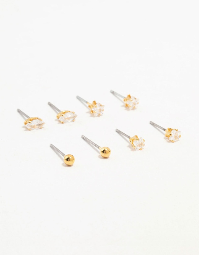 Lovisa - Gold Plated Brass Star & Marquise Cubic Zirconia Earrings 4-Pack