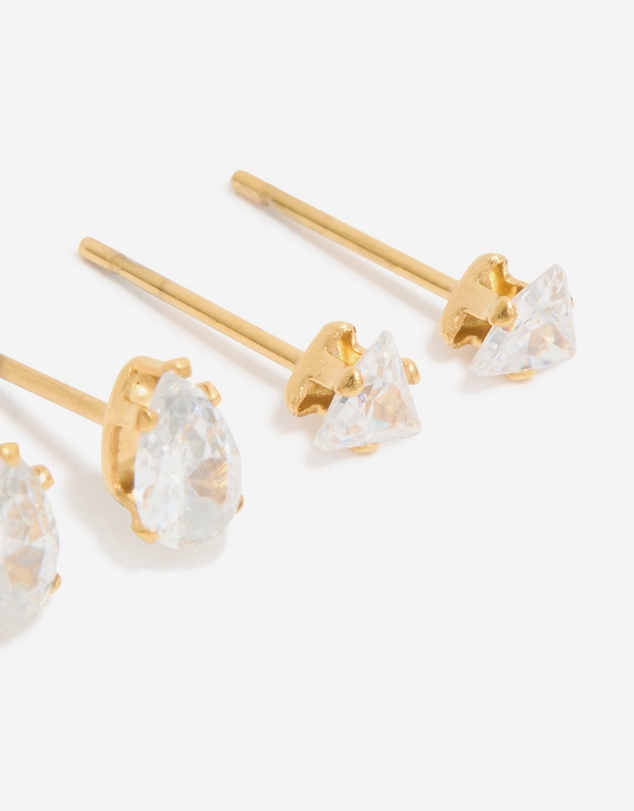 Lovisa - Waterproof Gold Plated Stainless Steel Cubic Zirconia Mixed Cut Stud Earrings 3-Pack