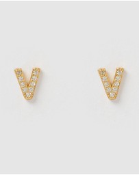 Izoa - Alphabet Mini Letter V Stud Earrings Gold