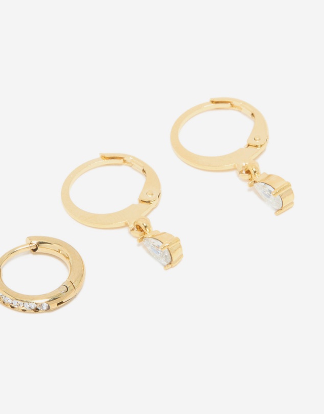 Lovisa - Waterproof Gold Plated Stainless Steel Cubic Zirconia Simple Stud & Huggie Earrings 3-Pack