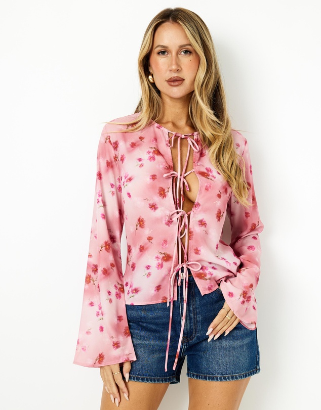 Dazie - Cherry Blossom Tie Front Top