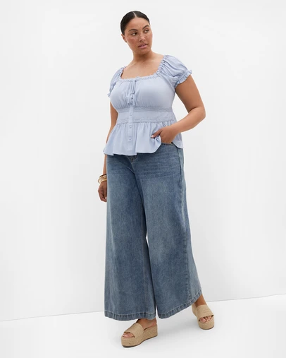 City Chic - Plus size Vintage Dreams Puff Sleeve Top - dusty blue