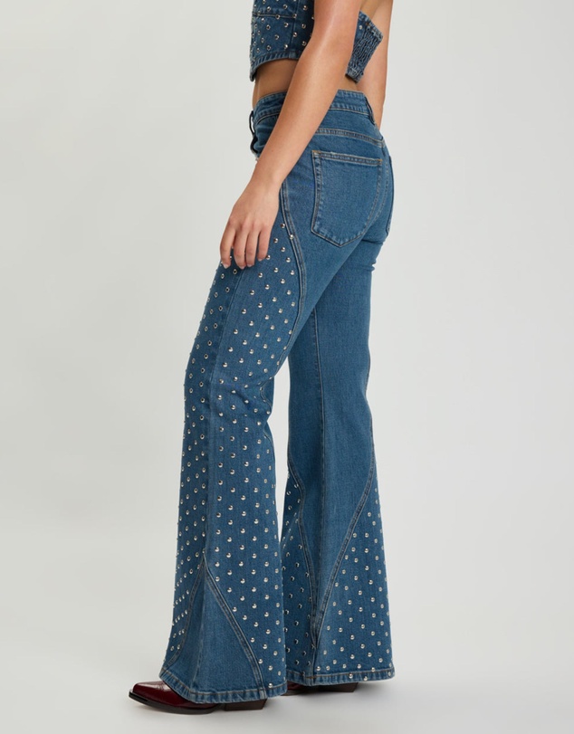ONE TEASPOON - Chrome Edge Mid Waist Flared Studded Denim Jeans - Eclipse Blue