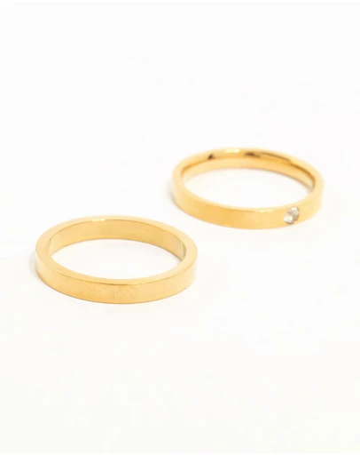 Lovisa - Waterproof Gold Plated Stainless Steel Cubic Zirconia Band Rings 2-Pack