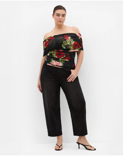 City Chic - Plus Size Dana Mesh Rose Print Top - black