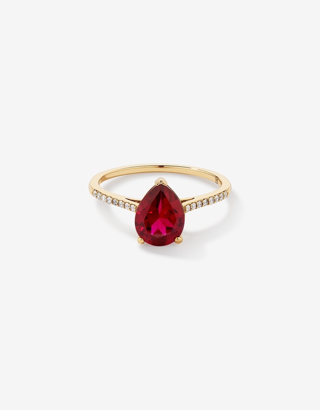 Michael Hill - Pear Cut Red Created Ruby Gemstone and Diamond Ring in 10kt Yellow Gold