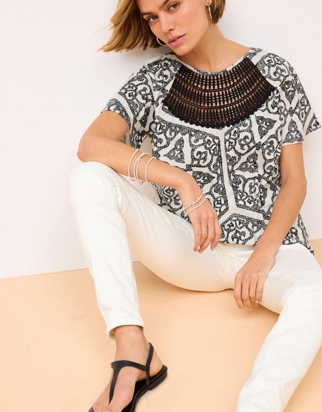NEXT - Short Sleeve Crochet Bubblehem Top