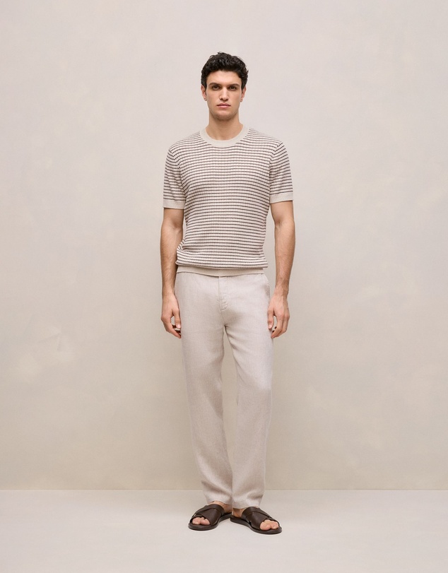 Trenery - Linen Cotton Rib Stripe Knit T-shirt in Flax