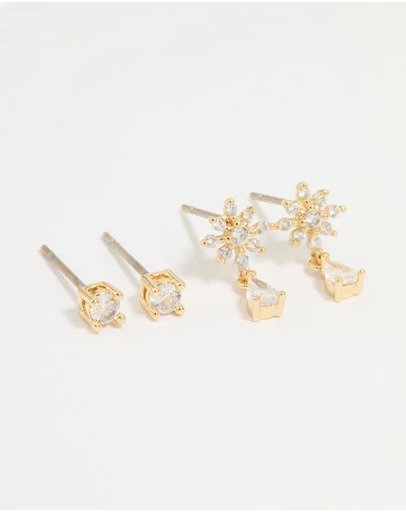 Lovisa - Gold Plated Cubic Zirconia Classic & Flower Teardrop Earrings 2-Pack