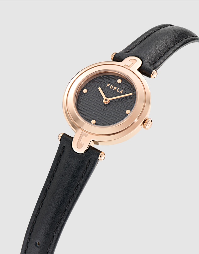 Furla - Arch-Bar Rose Gold-Tone Black Leather Strap Watch