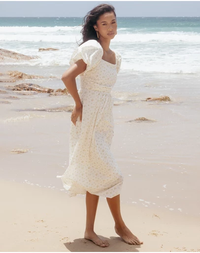 Petal & Pup - Clo Puff Sleeve Midi Dress - White Betty