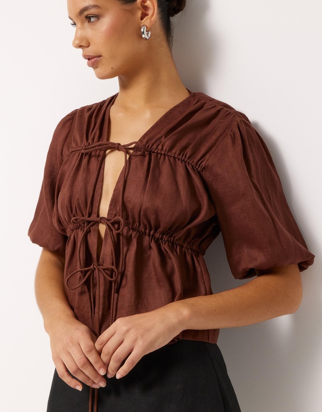 AERE - Linen Gathered Tie Front Top