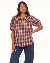 Petal & Pup - Evandri Frill Collar Top - Burgundy Plaid