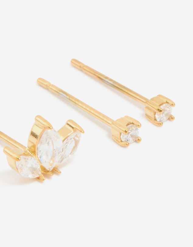 Lovisa - Waterproof Gold Plated Stainless Steel Cubic Zirconia Mixed Shaped Stud Earrings 3-Pack