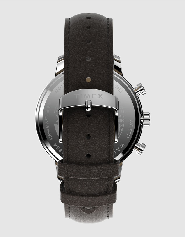 TIMEX - Chicago Chrono 45mm Silver Tone Blue Dial Brown Leather Strap