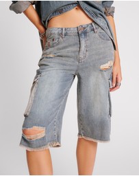 ONE TEASPOON - Skater Girl Low Waist Super Long Leg Denim Jorts - Dirty Blue