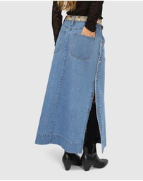 Belle & Bloom - Edge Line Denim Maxi Skirt with Side Buttons